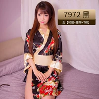 [Черный] Сексуальные печатные кимоно+пояс+секс Танты