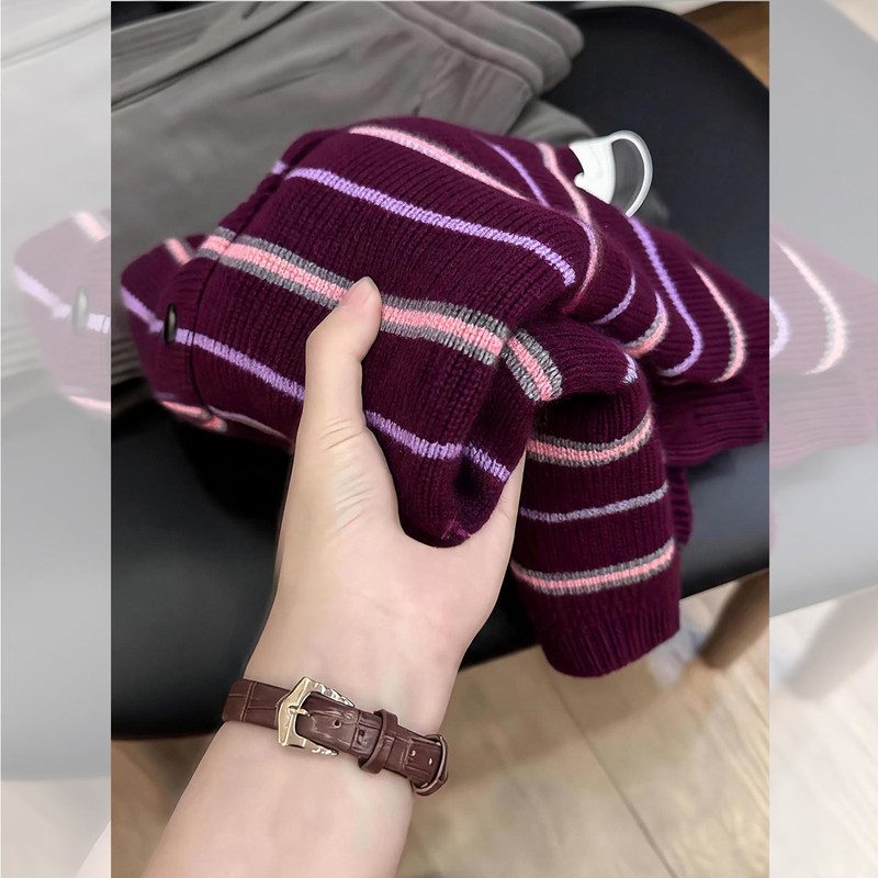 Korean-Style Grape Purple Striped Long-Sleeve Knitted Cardigan Sweater for Women, Early Autumn Loose Fit Slimming Outerwear for Petite Figures Korean-Style Grape Purple Striped Long-Sleeve Knitted Cardigan Sweater for Women, Early Autumn Loose Fit Slimming Outerwear for Petite Figures