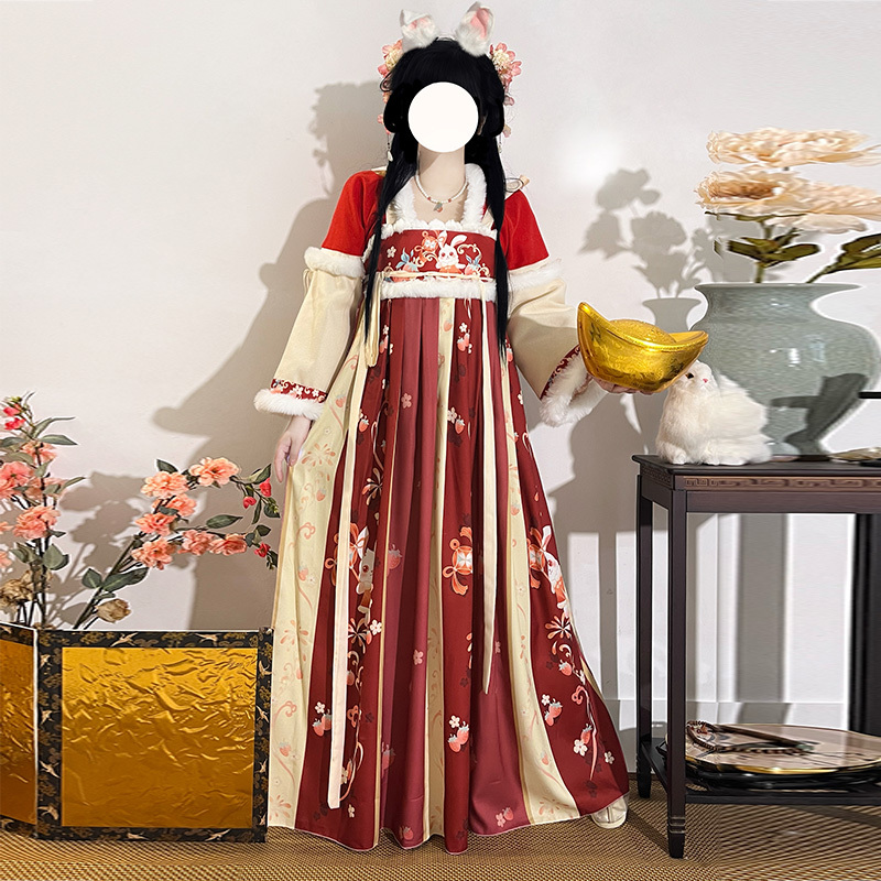 Spring Breeze [Lucky Rabbit] Original Hanfu Women's Winter New Year Outfit, Chest-Length Skirt, Thickened Woolen Autumn/Winter Style