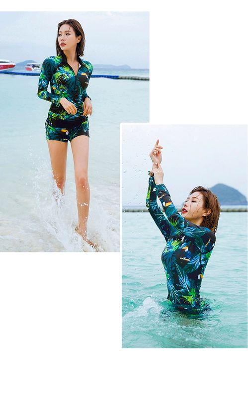 Cặp vợ chồng Hàn Quốc chia áo tắm nữ bảo thủ giảm béo bụng snorkeling lướt quần áo dài tay áo chống nắng bốn mảnh đồ bơi - Vài đồ bơi 	đồ đôi đi biển màu trắng	