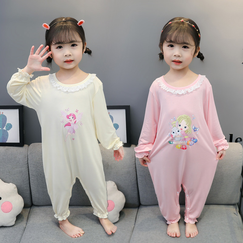 Girls' one-piece pajamas Spring and Autumn Thin Long-sleeved Children's Infant Kick Climbing Clothing Cotton Modal Baby Home Clothes