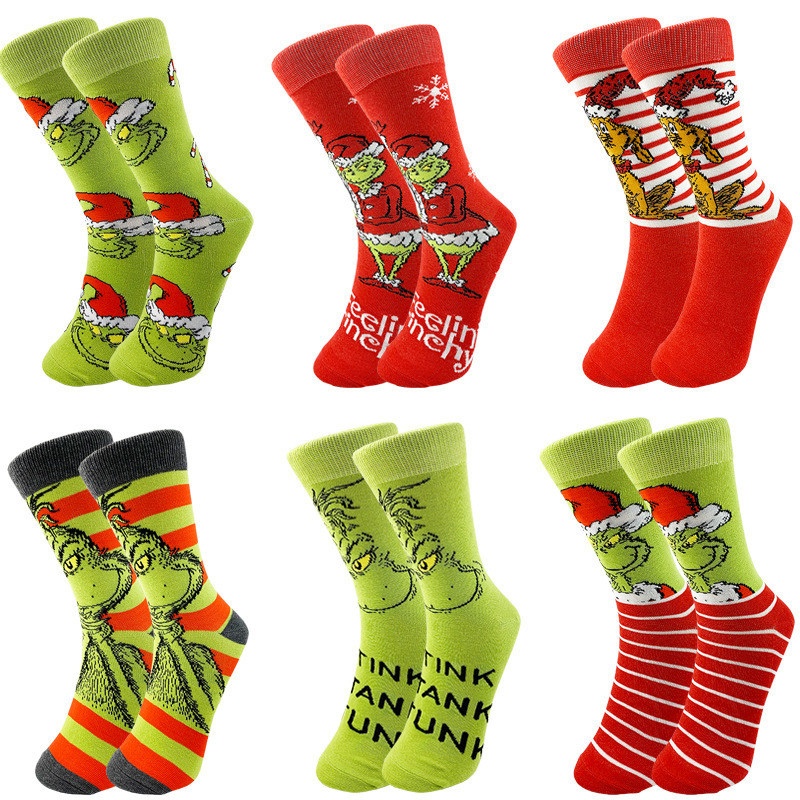 Cross-Border Christmas Creative Socks, Cartoon Grinch Ready-Made Knitted Socks, Trendy Socks for Men and Women, Personalized Couple Socks