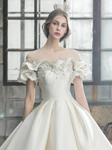 High-end satin-lined Shoulder Wedding Dress main yarn 2022 New brides rework extravagant minimalist Atmospheric Superfairy Tug Tail