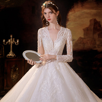 Fan-style light main wedding dress 2021 new bridal wedding small tug tail long sleeve v collar Heavy workout high level