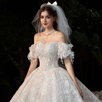 Main wedding dress 2021 New tailing one word shoulder Super fairy dream temperament bride French Hepburn starry sky