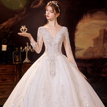 Main wedding dress 2021 new bridal wedding big trailing heavy workout style long sleeve v collar advanced texture female little subs