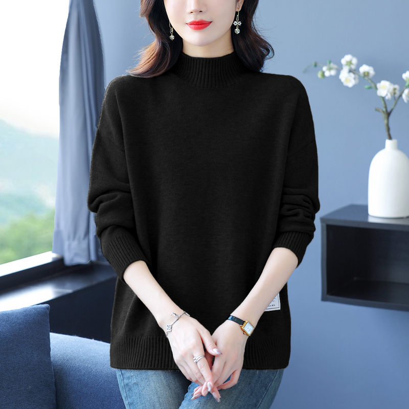 Plus-Size Women's Sweater for Autumn and Winter, Loose Fit, Slimming, Tummy-Covering, Half-High Collar, Wool Sweater, Black, Thick Base Layer