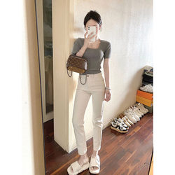 Off-white straight-leg nine-point jeans for women, trendy spring and autumn new style, high-waisted, slim-fitting, tall baguette pants for small people