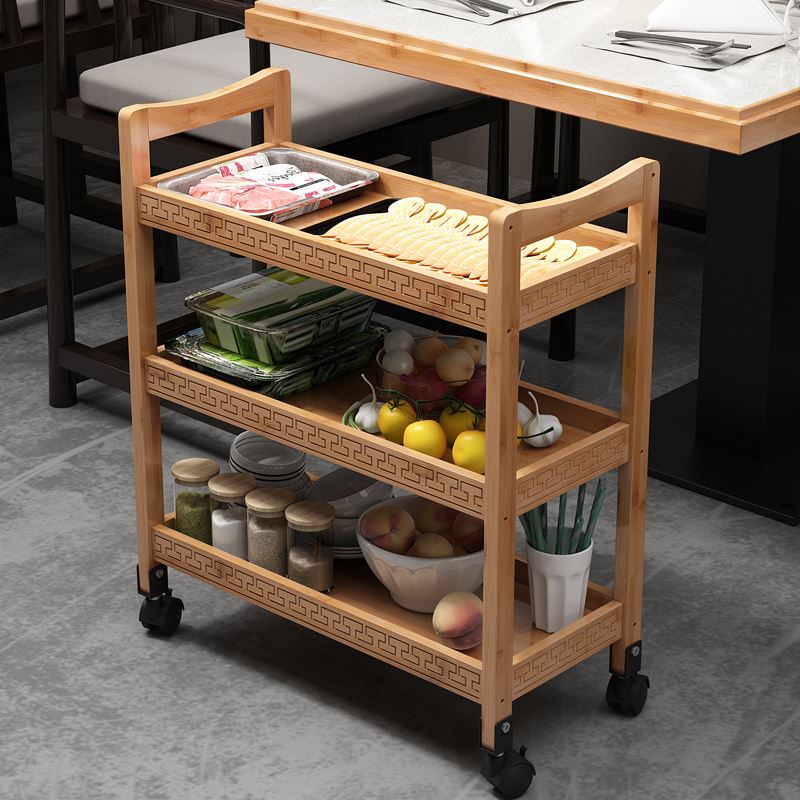 Kitchen Shelving Multilayer Fire Pan Shop Dish Shelf Removable 3 Commercial 4-floor dining car floor with wheels small cart Bamboo-Taobao