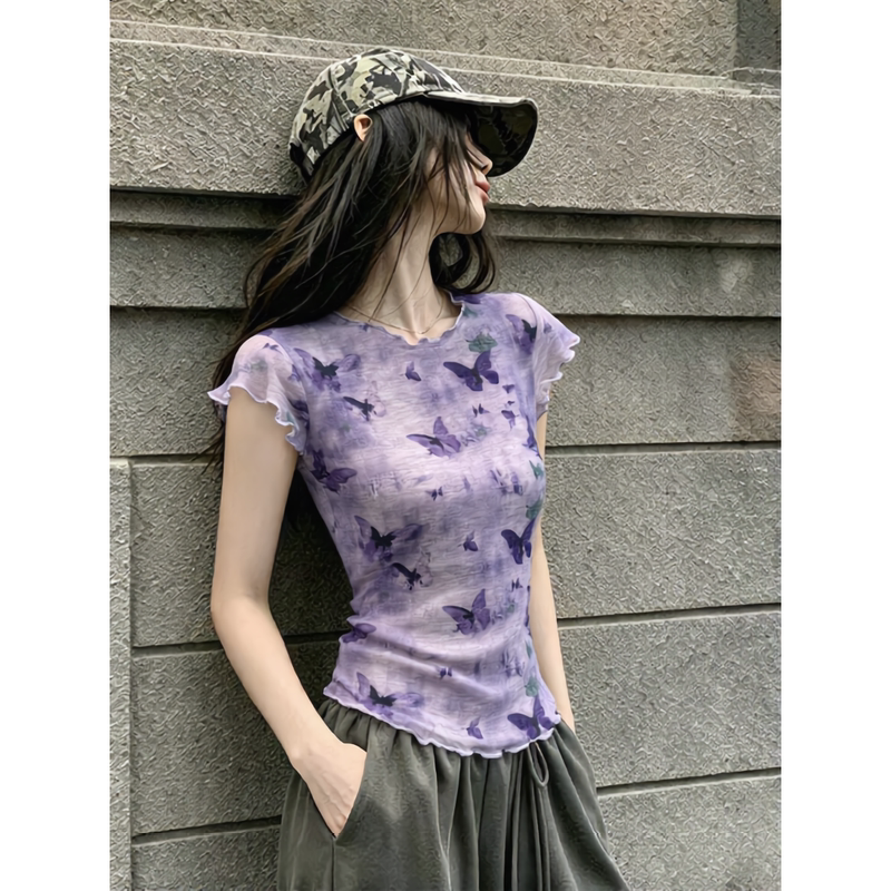 Charming and Unique Purple Butterfly Print Short-Sleeved T-Shirt for Women with Ruffled Edges, Slimming and Elegant Double-Layer Mesh Top