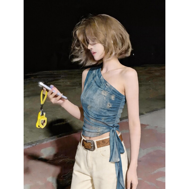 Vacation Style Beautiful Off-Shoulder T-Shirt for Women, Summer Outerwear, Stunning Ribbon Waist-Cinching Short Sleeveless Vest, Mesh Top