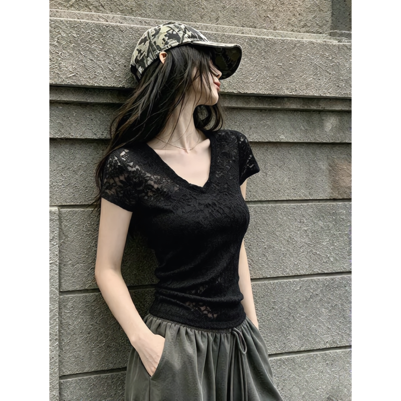 French Style Fashionable Black Cut Out Lace V Neck Short-Sleeved T-Shirt for Women with Slim Design and Sweet Sexy Breathable Bottoming Top French Style Fashionable Black Cut Out Lace V Neck Short-Sleeved T-Shirt for Women with Slim Design and Sweet Sexy Breathable Bottoming Top