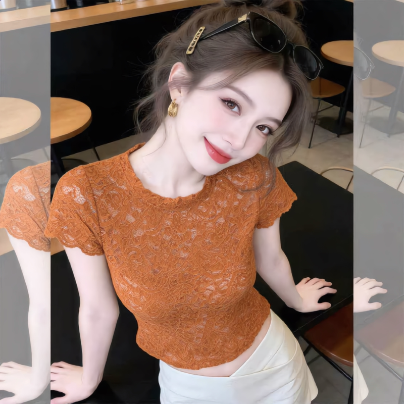 Korean Sweet Girl Orange Short-Sleeved T-Shirt for Women with Lace Jacquard Hollow-Out Slim Fit Short Summer Beautiful Light Luxury Top Korean Sweet Girl Orange Short-Sleeved T-Shirt for Women with Lace Jacquard Hollow-Out Slim Fit Short Summer Beautiful Light Luxury Top