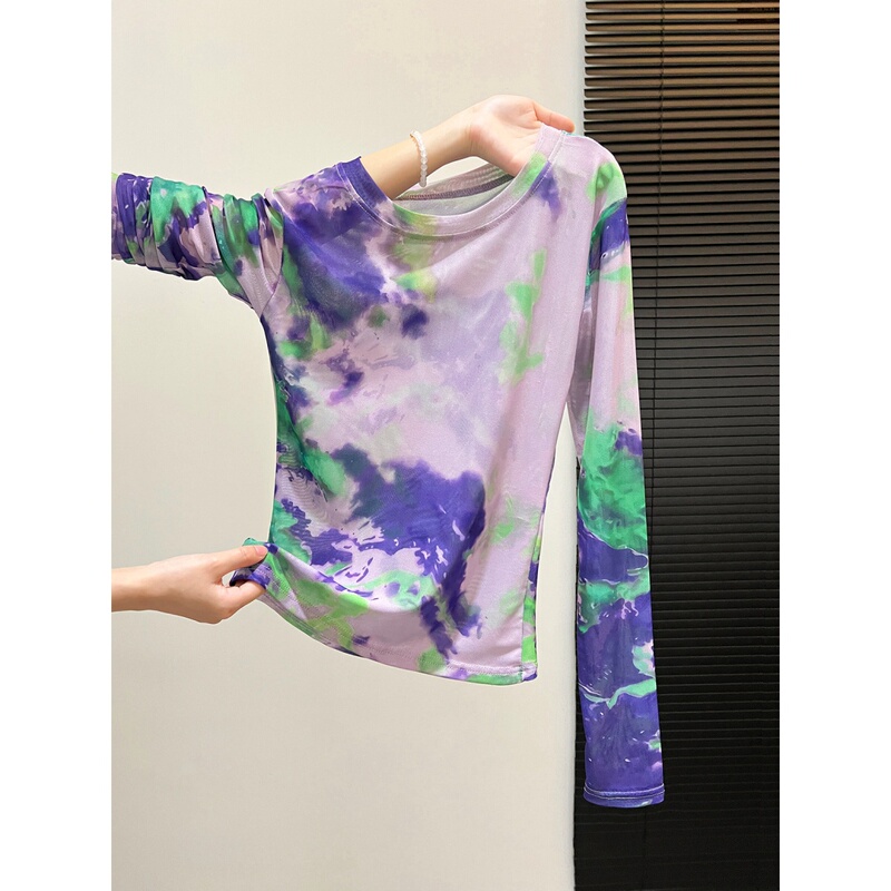 Purple Gradient Print Long-Sleeve T-Shirt for Women, Mesh See-Through Round Neck, Can Be Worn Inside or Outside, Unique Korean Style Casual Top, Trendy