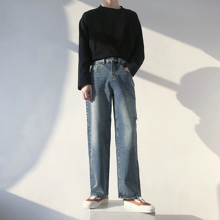 Cửa hàng bách hóa Xu / quần ống rộng nam denim rách quần kiểu Hồng Kông buông xõa thẳng mùa thu cảm giác phong cách hàn quốc quần rất quần - Thiết bị sân khấu