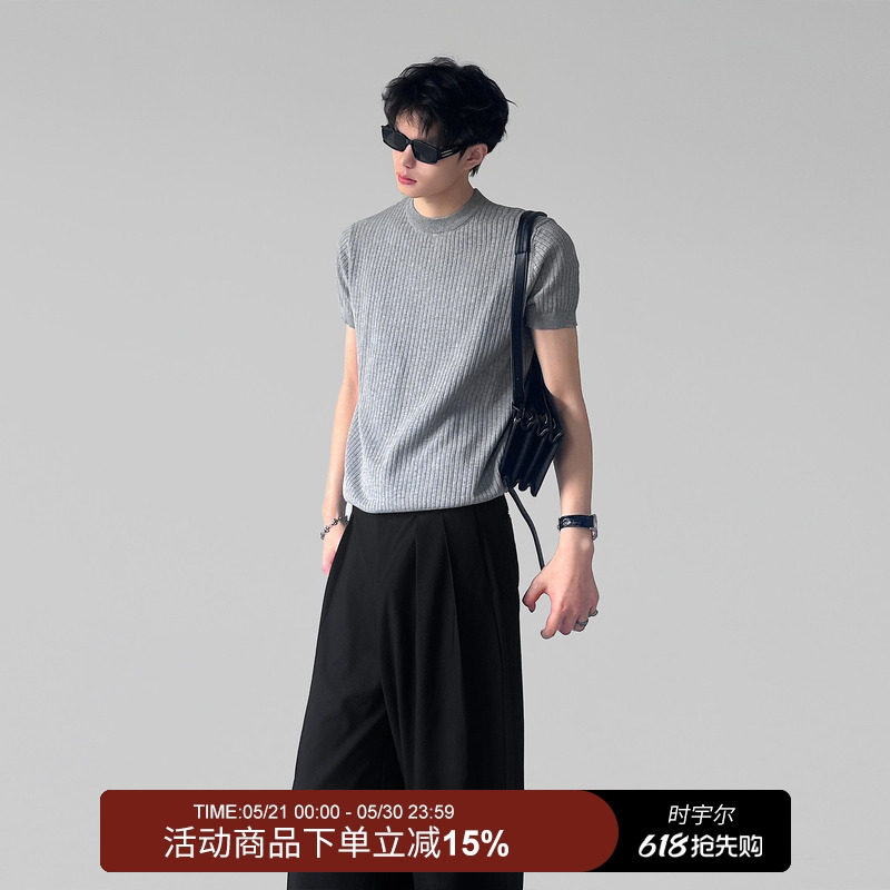 时宇尔/美式复古小众纯色高级圆领针织短袖休闲合身百搭夏季T恤