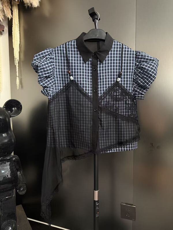 Da-J New Summer Style Shirt with Irregular Collar Splicing, Lace Mesh, Loose and Fashionable