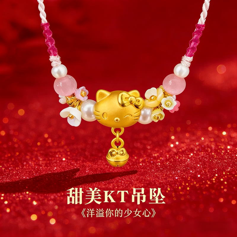 Official Genuine Product｜Gold Hello Kitty Cat Pendant, Fortune Bead Necklace, Bracelet, Gold-Plated Silver, Gift for Girlfriend