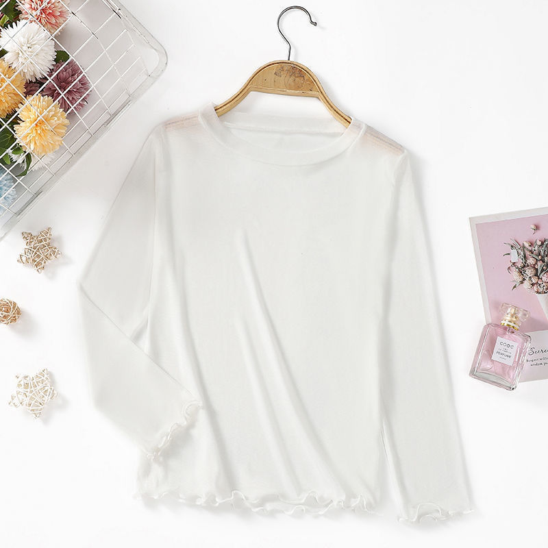 Girls' Sun Protection Base Layer 2024 Summer Thin Ice Silk Inner Layer Sheer Top with Slight Transparency Pullover Mesh Top for Girls