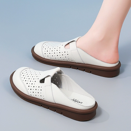 Тапочки, обувь, летние дышащие туфли, слайдеры для матери, мягкая подошва, из натуральной кожи