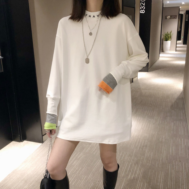 2022 spring and autumn new white bottoming shirt women's loose all-match mid-length version cotton long-sleeved T-shirt top trendy