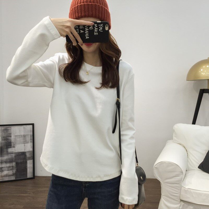 2021 Spring Autumn New Inner Hitch White Undershirt Woman Loose 100 Hitch Pure Cotton Mill Wool Thickened Long Sleeve T-Shirt Jacket