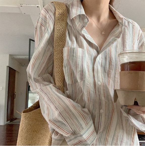 Casual Striped Shirt for Women, Summer 2024 New Cotton-Linen Shirt with Unique Design, Sun-Protective Thin Jacket