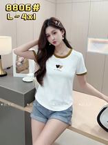 Ocean Qi Collision Color round collar short sleeves T-shirt 2024 Summer iridescent pure new womens fashion 100 hitch headcoat tide