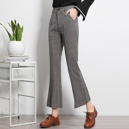 2018新款喇叭裤格子裤女九分裤高腰显瘦下摆