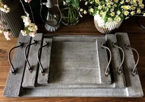 Foreign trade original single solid wood old gray wrought iron double ear rectangular tray wooden plate Gardening storage photo props