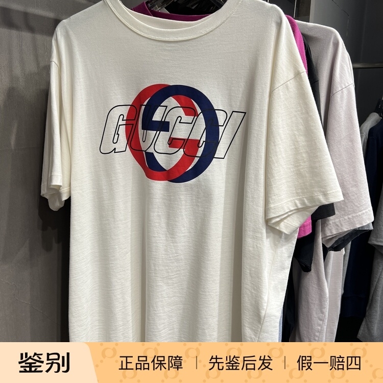 【Individual Item Inspection】Gucci/Gucci Red and Blue Double Ring Lettering White Loose Fit Short Sleeve T-Shirt 【Individual Item Inspection】Gucci/Gucci Red and Blue Double Ring Lettering White Loose Fit Short Sleeve T-Shirt