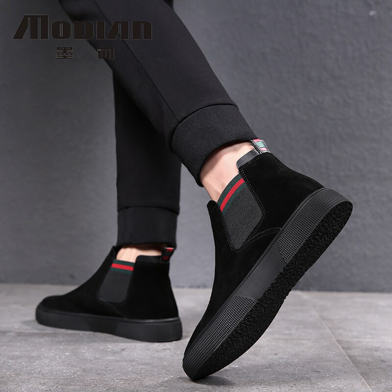 High-top sneakers men's Korean version of tide shoes leather casual nubuck leather shoes short boots suede men's shoes winter velvet cotton shoes