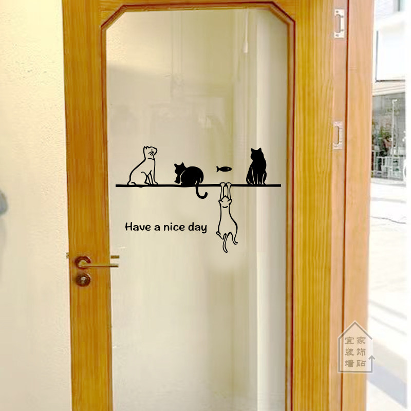 Kitchen living room anti-collision glass door sticker home flat wall decoration Naughty cat cartoon wall sticker