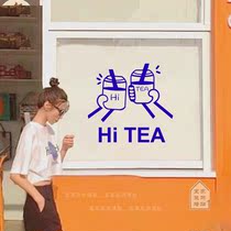 hi milk tea coffee shop wall decals stickers inwind fashion Klein blue minimalist Ask the waiting language glass door post
