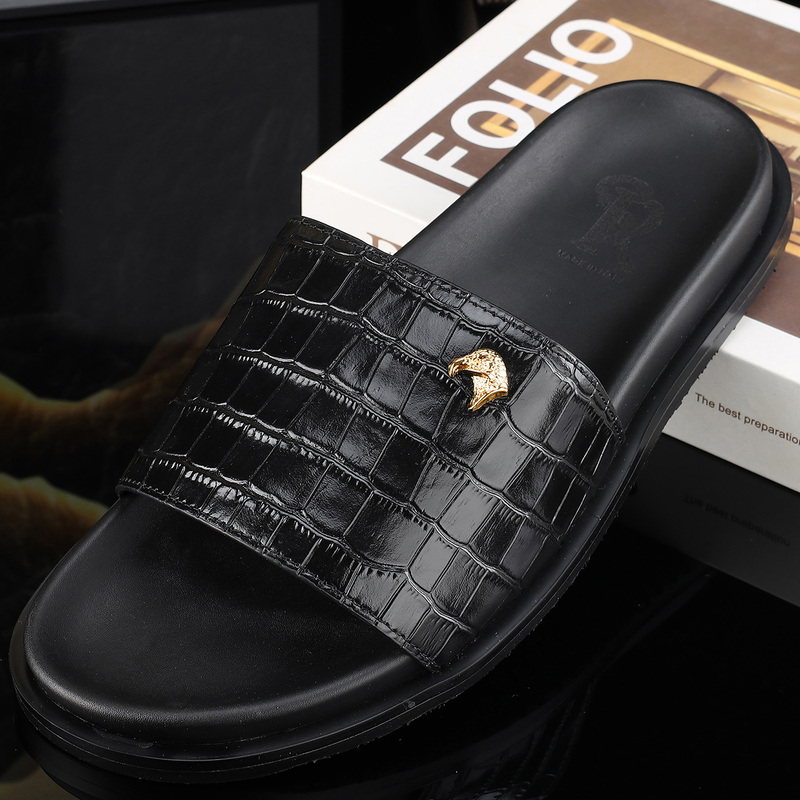 New Stephen Men's Genuine Leather Slip-On Slippers for Summer, Business Casual, High-End Crocodile Pattern Eagle Head Slippers