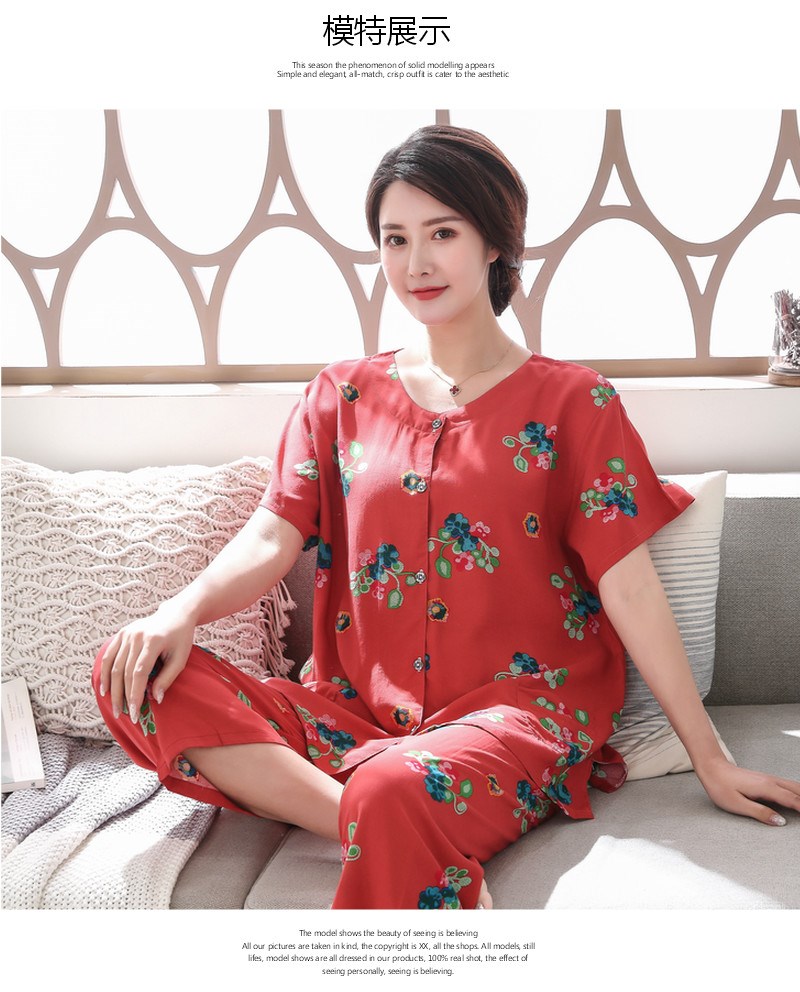 Bộ đồ ngủ cotton trung niên và lớn hơn XL mùa hè cho mẹ tải bằng vải cotton ngắn tay phù hợp với bộ đồ mỏng - Bên ngoài ăn mặc đồ bộ bầu