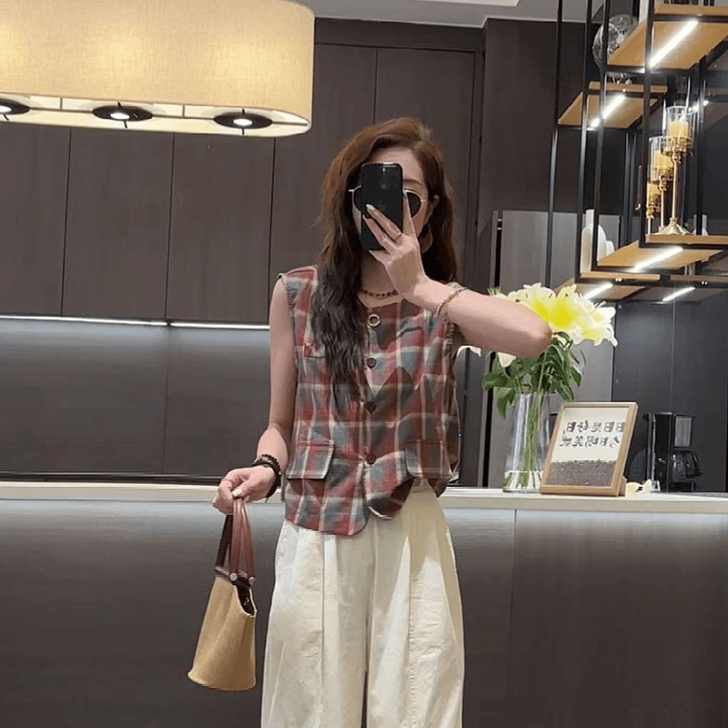 Colorful Plaid Vest for Women, 2026 New Summer Thin Single-Breasted Sleeveless Vest Top