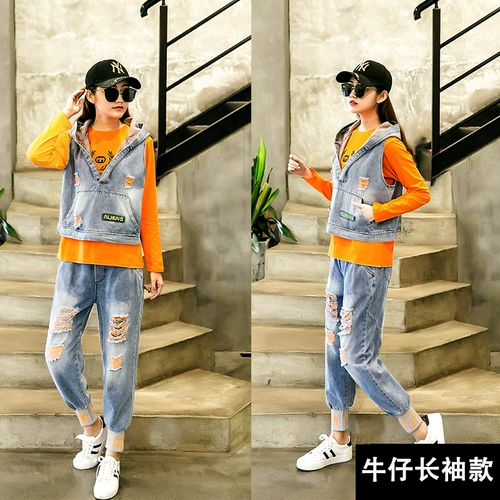 Летний модный джинсовый комплект, коллекция 2021, в корейском стиле, популярно в интернете, 3 предмета, в западном стиле