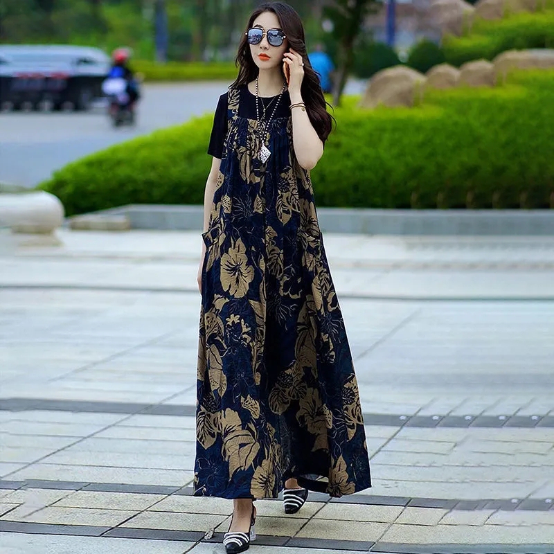 Elegant Lady's Dress Set for Women, 2026 Summer New Style, Black Base T-Shirt + Floral Suspender Skirt Two-Piece Set