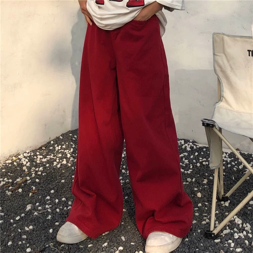 Красные брендовые ретро джинсы, штаны, свободный прямой крой, в американском стиле