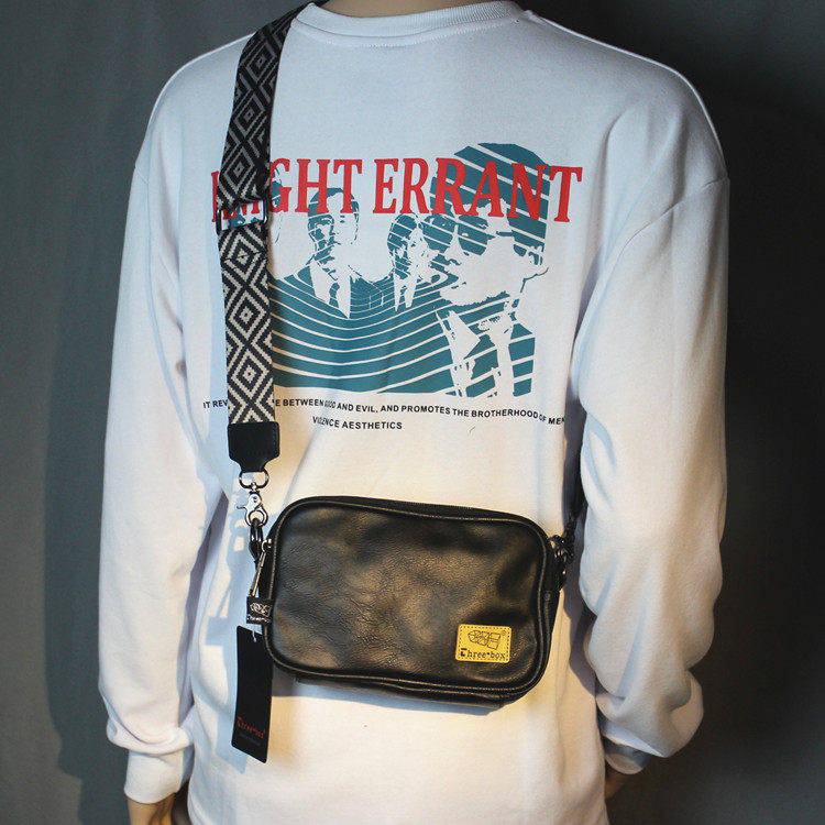 Hong Kong trendy brand wide shoulder strap Japanese men's bag retro Messenger bag one shoulder leather backpack travel small bag casual chest bag