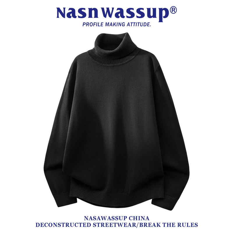 Nasa Wassup Pure Cotton Black Turtleneck Sweater for Men, Autumn and Winter Knitwear, Casual Versatile Solid Color Top