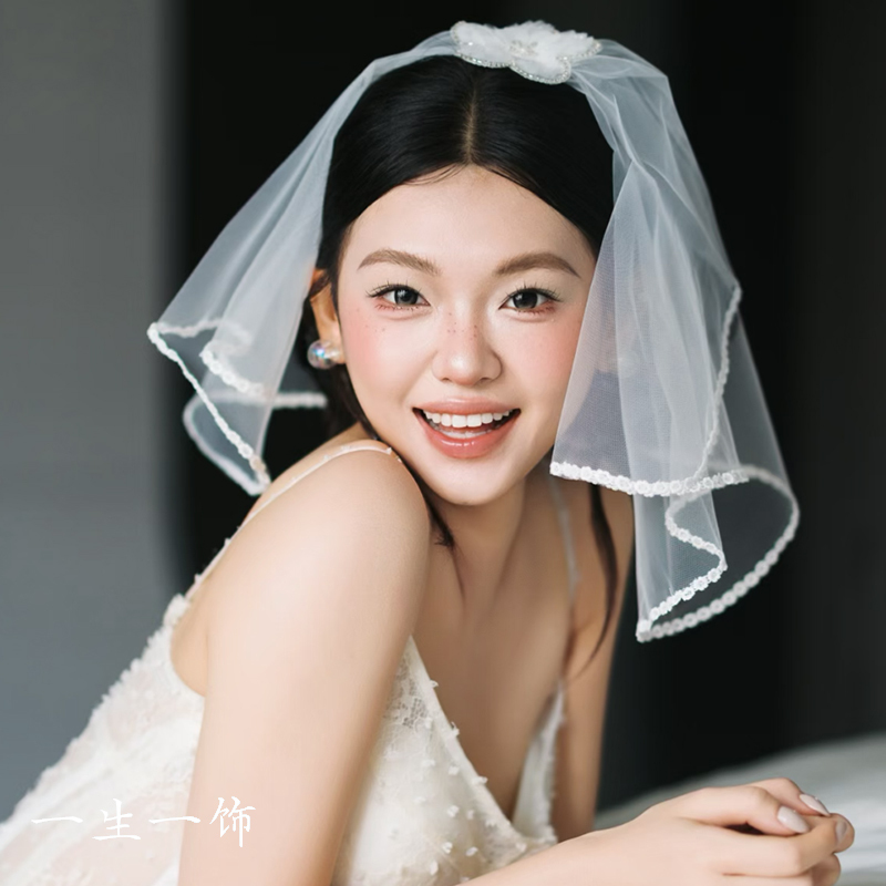French Style New White Lace Bridal Short Veil Hair Accessory for Women, Super Fairy Wedding Dress Photo Shoot Headpiece