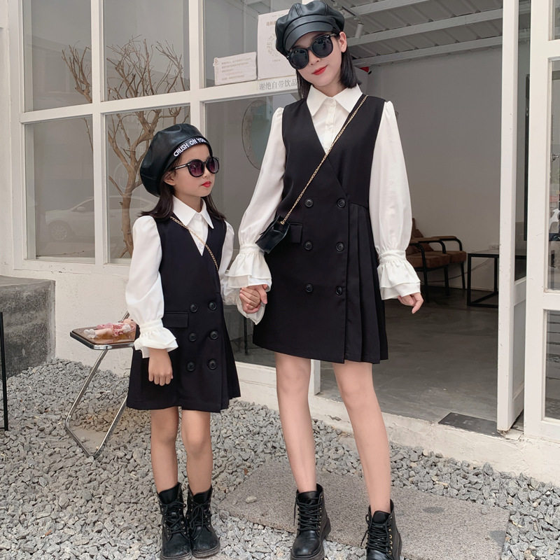 Parent-child wear autumn vest vest pleated college style suit dress girls shirt suit mother and daughter dress western style