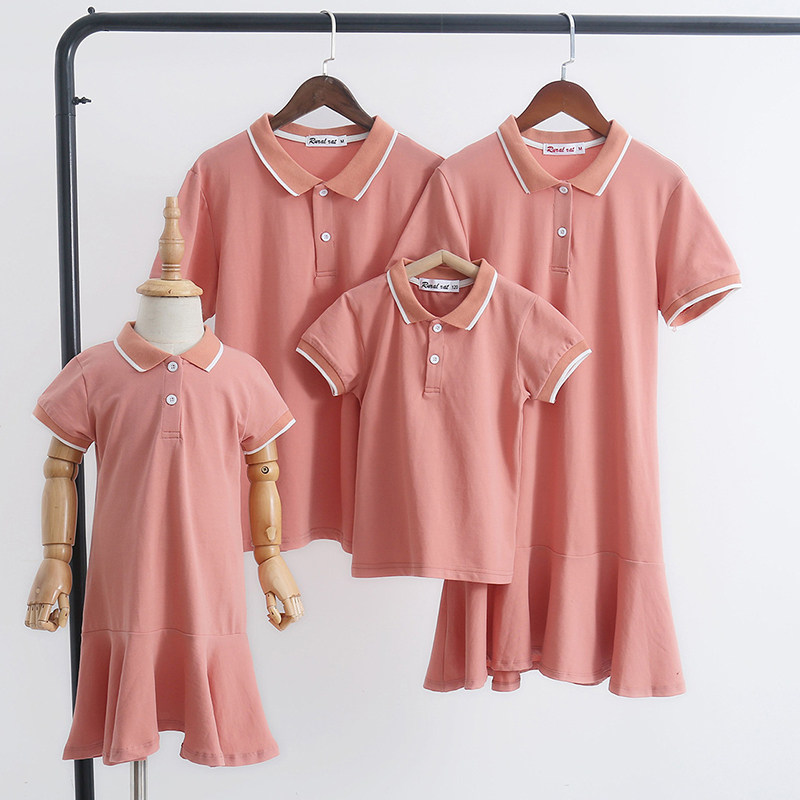 Polo shirt Family three summer dress pure boy short sleeve t-shirt girl dress mother and daughter dress