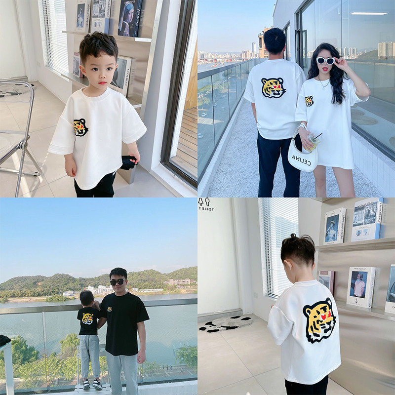 Parent-child summer dress family three short sleeves T-shirt new trend children cartoon embroidery tiger head mother and daughter dress foreign pie