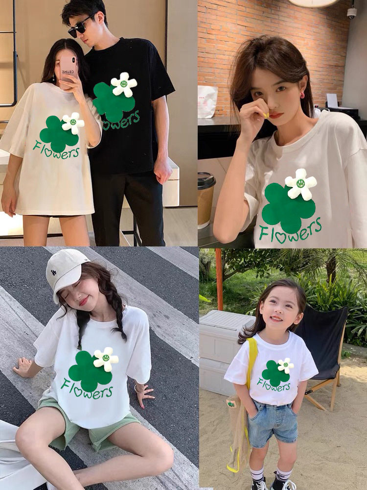 Parent-child outfits for a family of three and four summer short-sleeved short-sleeved 2022 new trendy boys and girls flower t-shirt mother and daughter dress western style