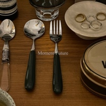 Moment Future Vintage Ceramic Thick Handle Stainless Steel Round Dessert Spoon Fork Cutlery