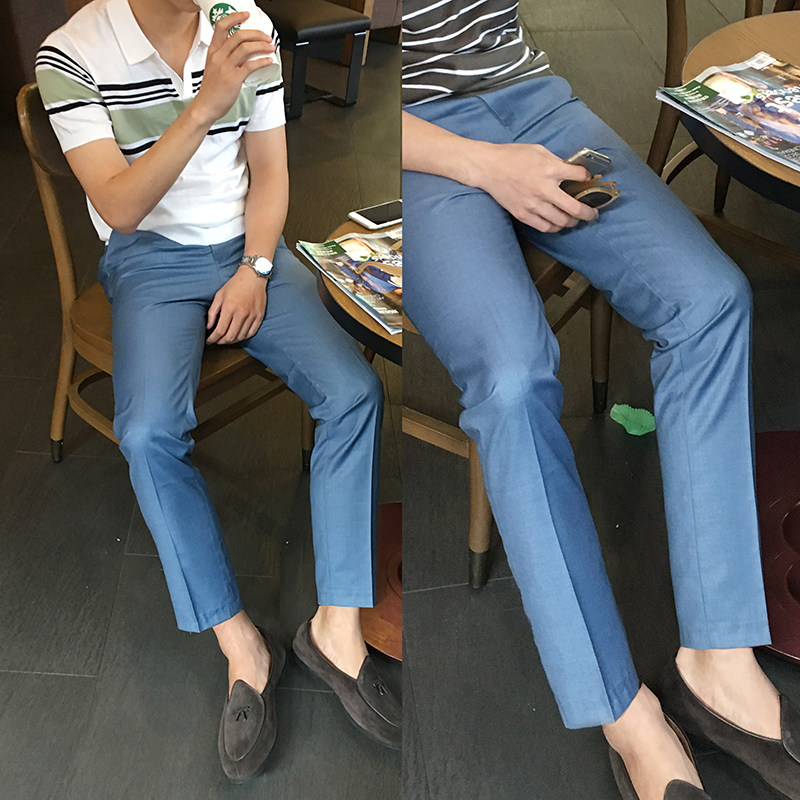 春夏欧美男士修身小脚纯色西裤 英伦长裤 街拍免烫立体剪裁9分