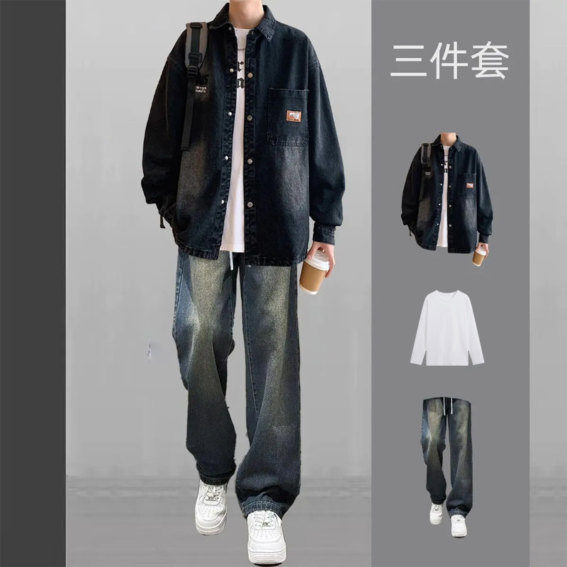 Denim Long-Sleeved Shirt for Men, Early Autumn Suit, Stylish Thin Jacket, Complete Set for Teenagers, Paired with Vintage Jeans